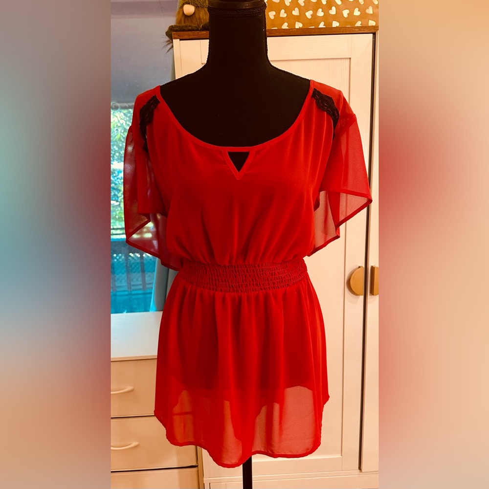 Torrid Red Chiffon Blouse with Black Lace Detail